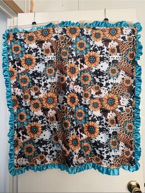 Floral & Leopard Satin Baby Blanket with Teal Ruffle